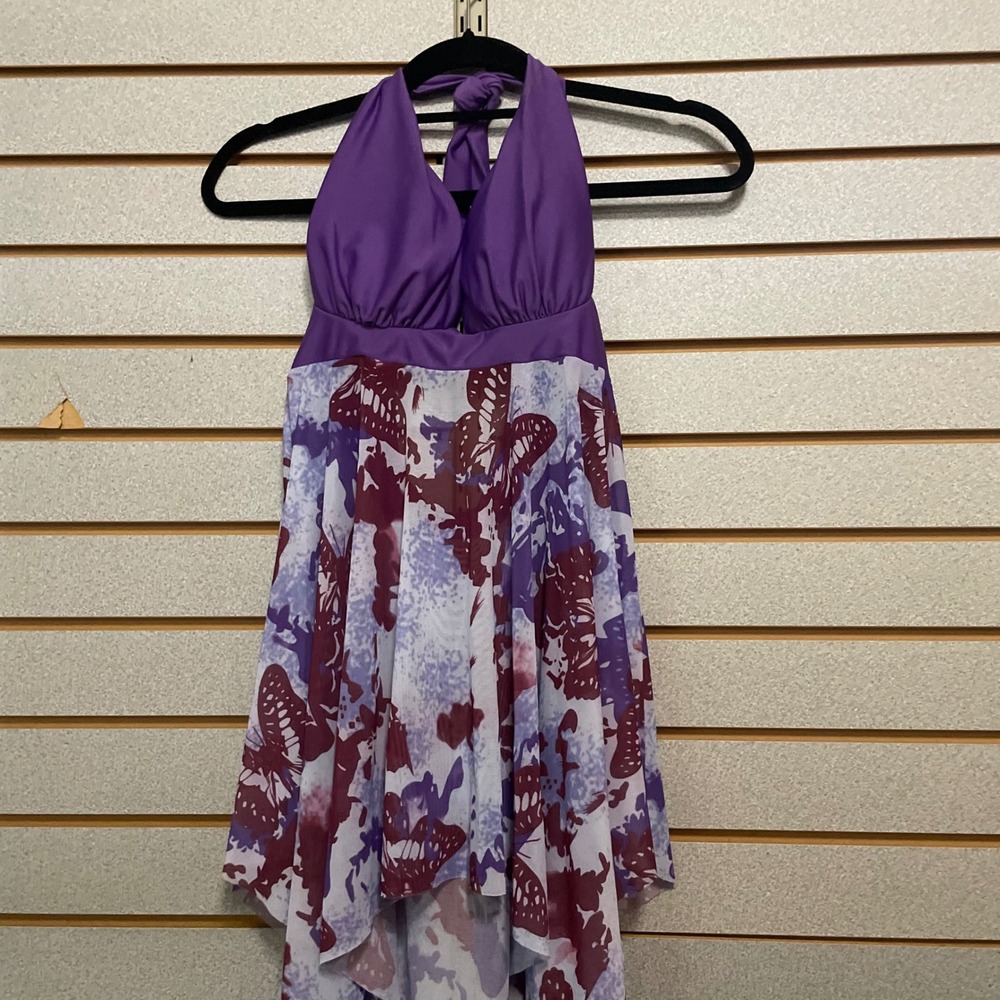 Purple Butterfly Print Halter Neck Tank Top Sheer Women's Medium Swimming Suit?